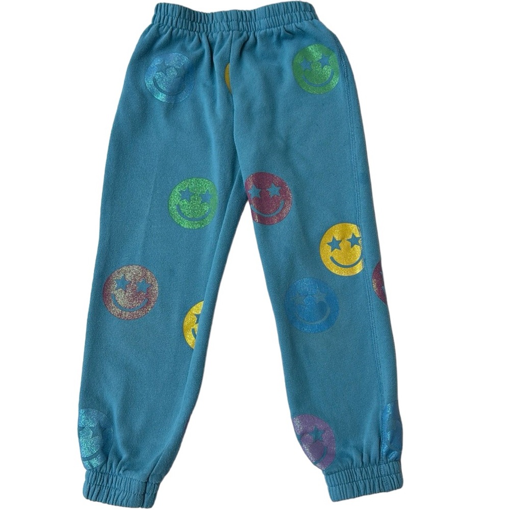 Girls Chasor Glittery Smiley Fleece Vintage Sweatpants, Colorful, Fun, Size 6